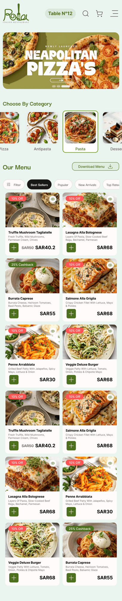 The guest menu on a phone: banner, categories and dishes